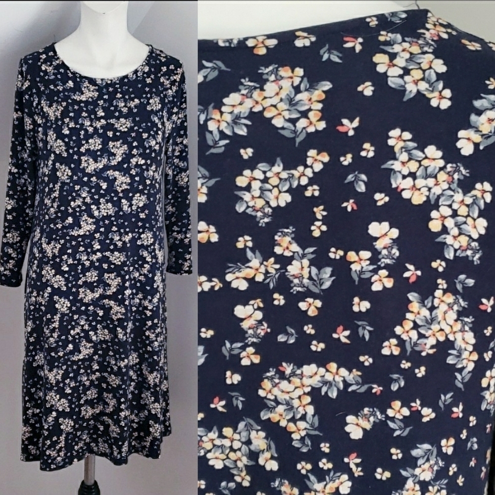 Time & Tru Womens Long Sleeve Navy & Tan Floral T-Shirt Dress w. Pockets Size M